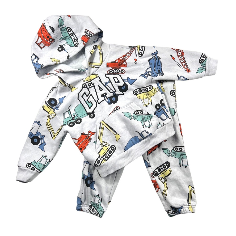 Baby Gap Construction Truck Hoodie Jogger Set 2 Years Gray Fleece Sweatsuit 2T